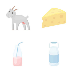 山羊, 一块奶酪和其他产品。牛奶集合图标卡通风格矢量符号股票插图网站