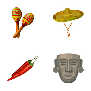 葫芦国家乐器, sambrero 传统墨西哥头饰, 红辣椒, 苦, 偶像神。墨西哥国家集合图标卡通风格矢量符号股票插图网站