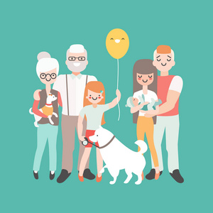 矢量图中线性风格设计.人的卡通人物.家族的三代人照片