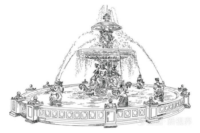 在巴黎手绘图像在地方dela协和喷泉