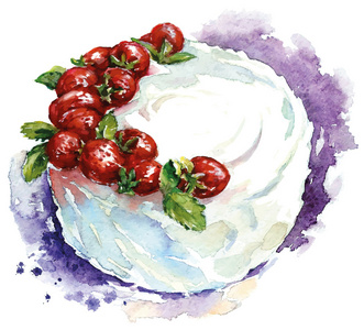 手绘水彩的草莓蛋糕。矢量图