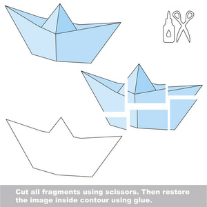 使用剪刀和胶水, 并恢复在轮廓内的图片。轻松的教育纸游戏的孩子。简单的儿童应用与纸船