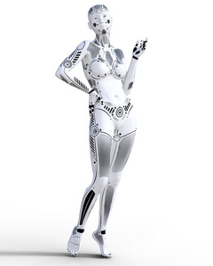 机器人的女人。白色金属机器人。人工智能