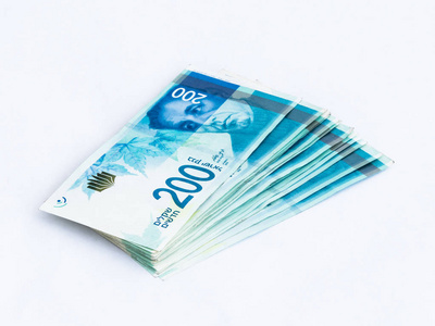 以色列经济几个新的纸币,价值在一张白纸 200 以色列新谢克尔照片