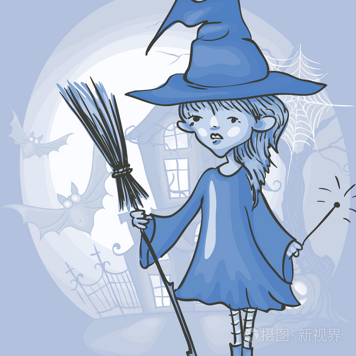 蝙蝠和扫帚的女巫女孩插画-正版商用图片00s2pl-摄图新视界