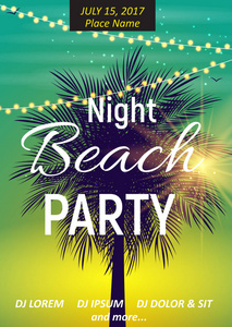 夏天晚上海滩党海报。热带自然背景无线