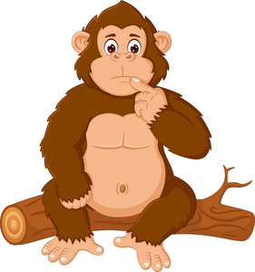 有趣的大猩猩卡通坐在木头上的困惑