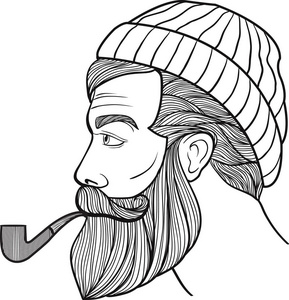 理发点大胡子水手烟斗的肖像插画