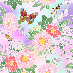 无缝花纹与蝴蝶和蜜蜂