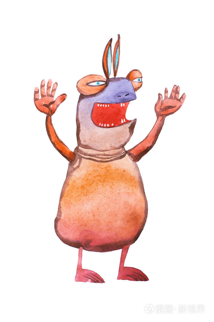 水彩插图的卡通怪物可怕高喊挥舞着手臂