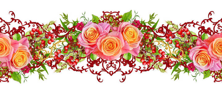 水平的花边框。模式，无缝。旧样式。微妙的粉红色的玫瑰花，芽的花花环。白色背景上孤立