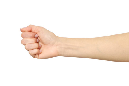 错手势显示错误的拳头手势上白色孤立的女性手照片