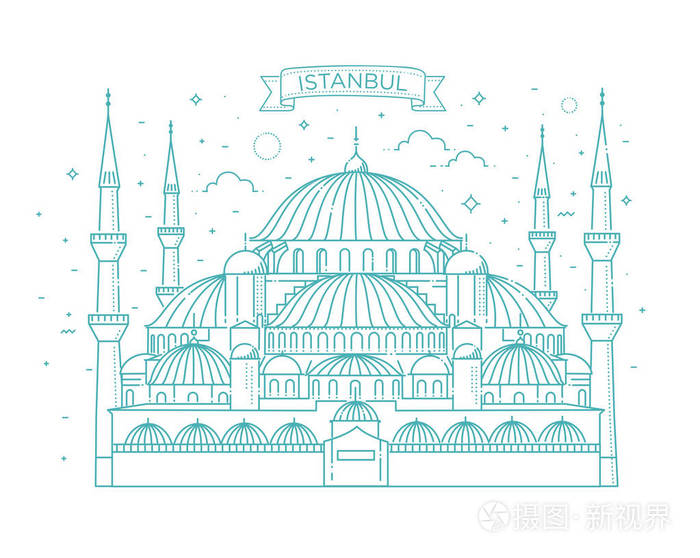 插画 蓝色清真寺,伊斯坦布尔,土耳其.矢量图.eps