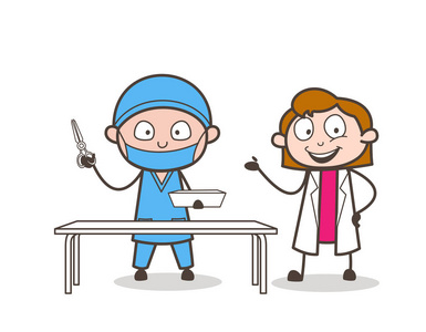 卡通女医生向心脏外科医生介绍照片