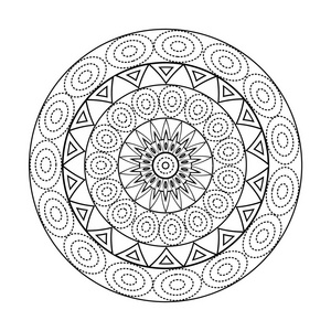 曼荼罗为着色书。黑色和白色圆轮廓装饰点缀。不寻常的花朵的形状。东方和抗应激的治疗模式