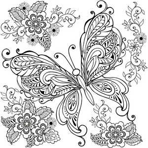 手画的装饰着色页的抗应力的花香与蝴蝶