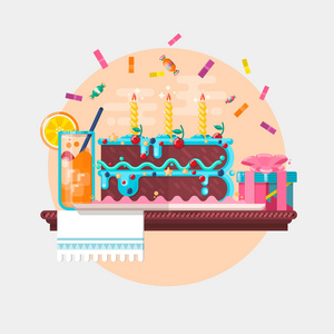 节日生日背景与目前的蛋糕和果汁。矢量图