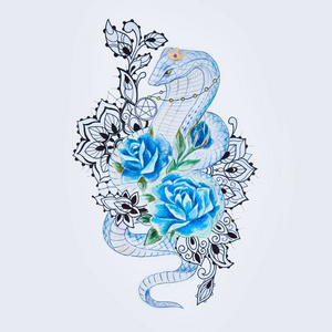 草绘的白色背景上的蓝色小花与蛇眼镜蛇