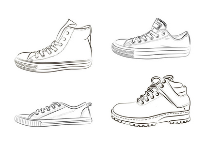 草绘的运动鞋 运动鞋和鞋。矢量图。男性和女性的运动服