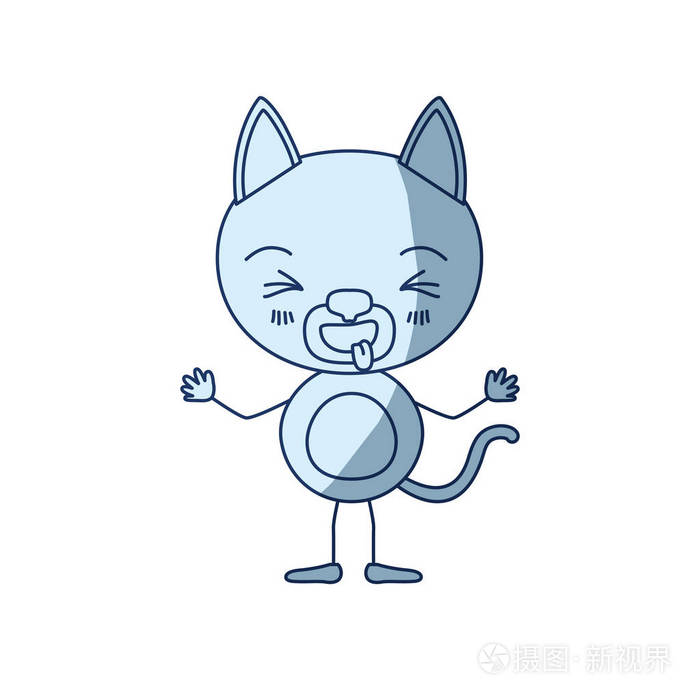 蓝色底纹剪影漫画的可爱猫咪厌恶表达和伸出的舌头
