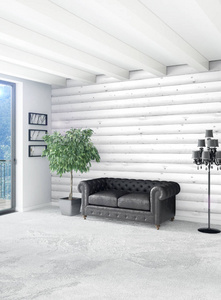 白色的卧室或客厅最小风格的室内设计，时尚的墙和沙发。3d 渲染。给出了双轨的展示厅