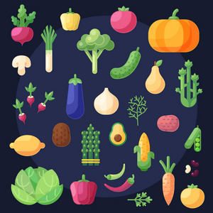一套平彩色图标和元素与蔬菜和水果