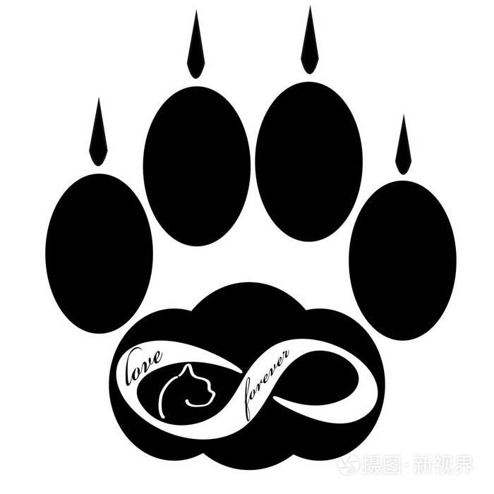 永远爱图标与孤立的白色背景上的猫爪子矢量图