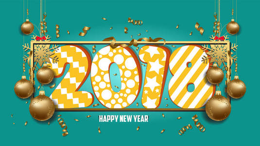 矢量图的快乐新的一年 2018年壁纸黄金球丰富多彩