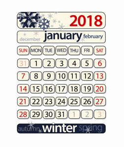 2018年1月日历包括裁剪路径