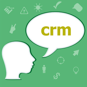 数字背景文本 crm 解决方案。信息的概念。头部与讲话泡泡