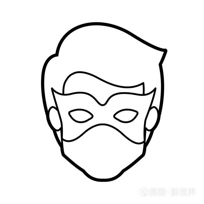 单色厚实的轮廓头,面目不清的孩子戴着面具的超级英雄插画-正版商用