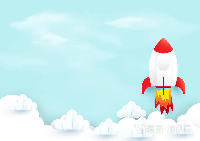 火箭发射在天上的云.启动的概念.剪纸艺术