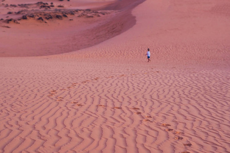 男孩跑周围红色沙漠
