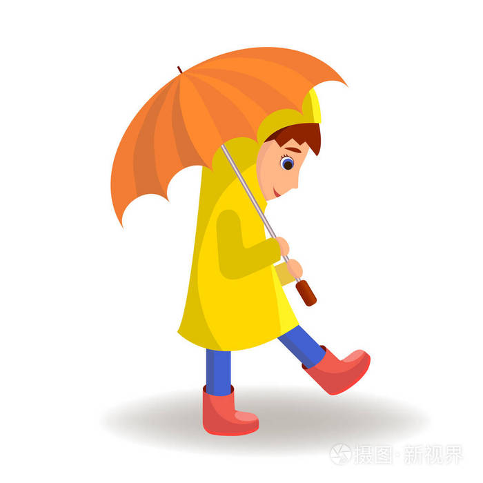 可爱的卡通孩子打伞行走.矢量图