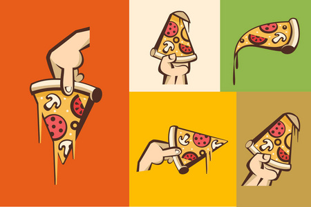 设置剪贴画的披萨。矢量标志，标志。一片披萨在手