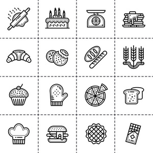 向量组的线性图标 面包店和烹饪。移动应用程序和 web 概念的现代大纲图标