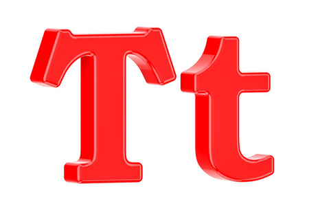 带衬线，3d 渲染的英语红色字母 T