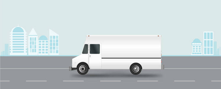 道路上的白色卡车。货物范矢量图 Eps 10 孤立在白色背景上。市商用车交付
