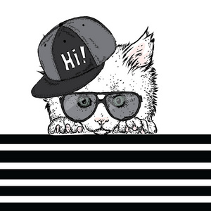 可爱的小猫戴眼镜和一顶帽子。矢量图。只漂亮的猫