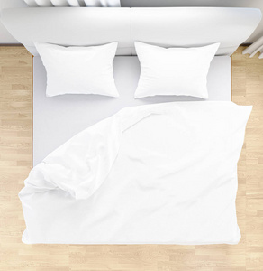 床单和枕头砸后晚上 舒适和床上的用品在酒店房间里，3d 图