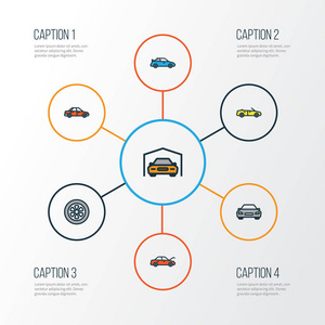 汽车多彩大纲图标设置。汽车 体育 驱动器和其他元素的集合。此外包括符号，如敞蓬车，传动，遮光罩