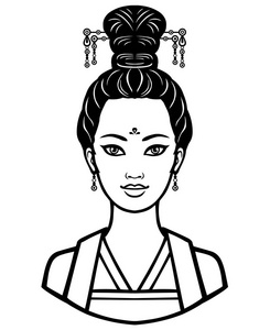 古代的发型的年轻中国女孩的画像。在白色背景上孤立的单色矢量图