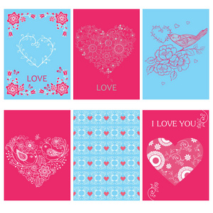 组的可爱贺卡的设计主题是爱。贺卡上粉色和蓝色的背景