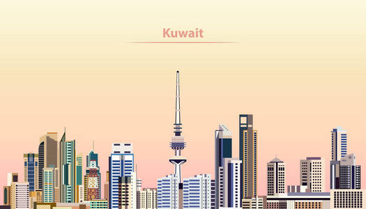 科威特城市天际线日出时的矢量图