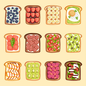 片三明治面包和黄油烤面包与黄油 jamflat 卡通风格矢量图