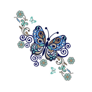 优雅的矢量背景与蝴蝶。蝴蝶装饰花卉点缀。老式的花朵点缀在蓝色颜色
