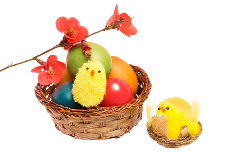 复活节彩卡篮子和复活节彩蛋