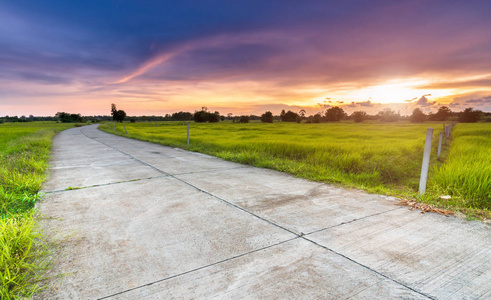 水泥路面在乡下时,绿色的现场照片