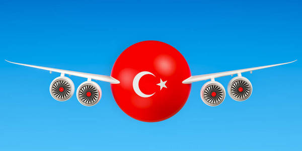土耳其航空公司和飞行，飞行到土耳其概念。3d 仁