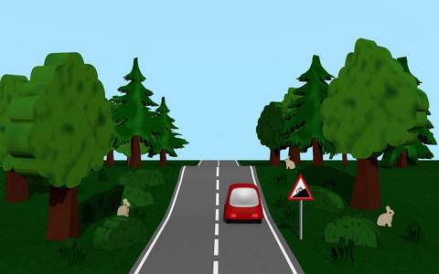 公路和道路标志坡 汽车 树木 小兔子